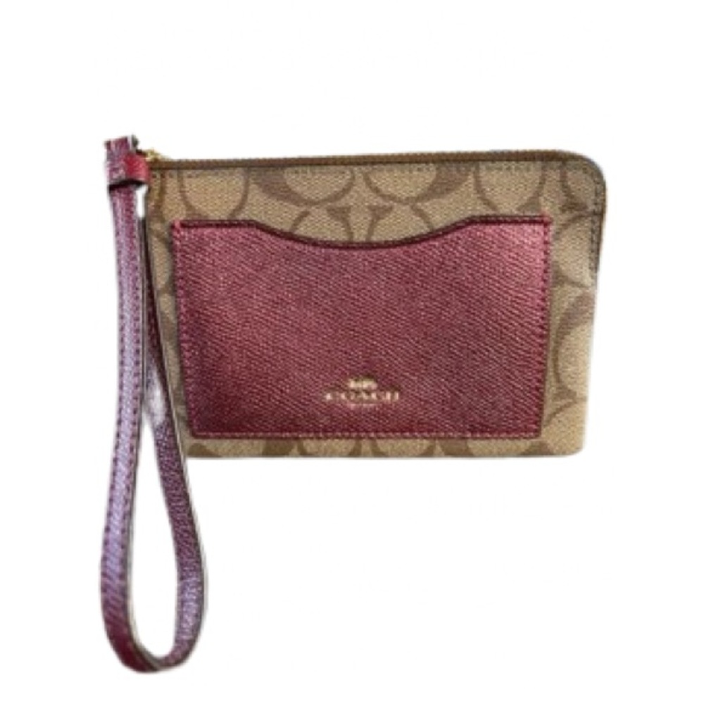 COACH WRISTLET WALLET KHAKI/ CHERRY METALLIC CORNER ZIP- NWOT